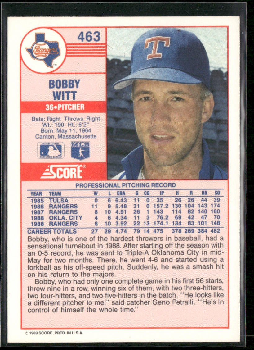 Bobby Witt 1989 Score #463 Texas Rangers