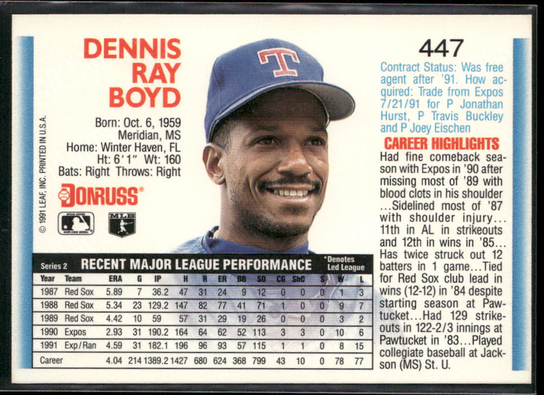 Oil Can Boyd 1992 Donruss #447 Texas Rangers
