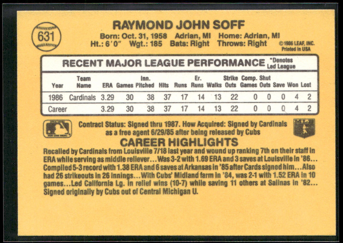 Ray Soff 1987 Donruss #631 RC St. Louis Cardinals