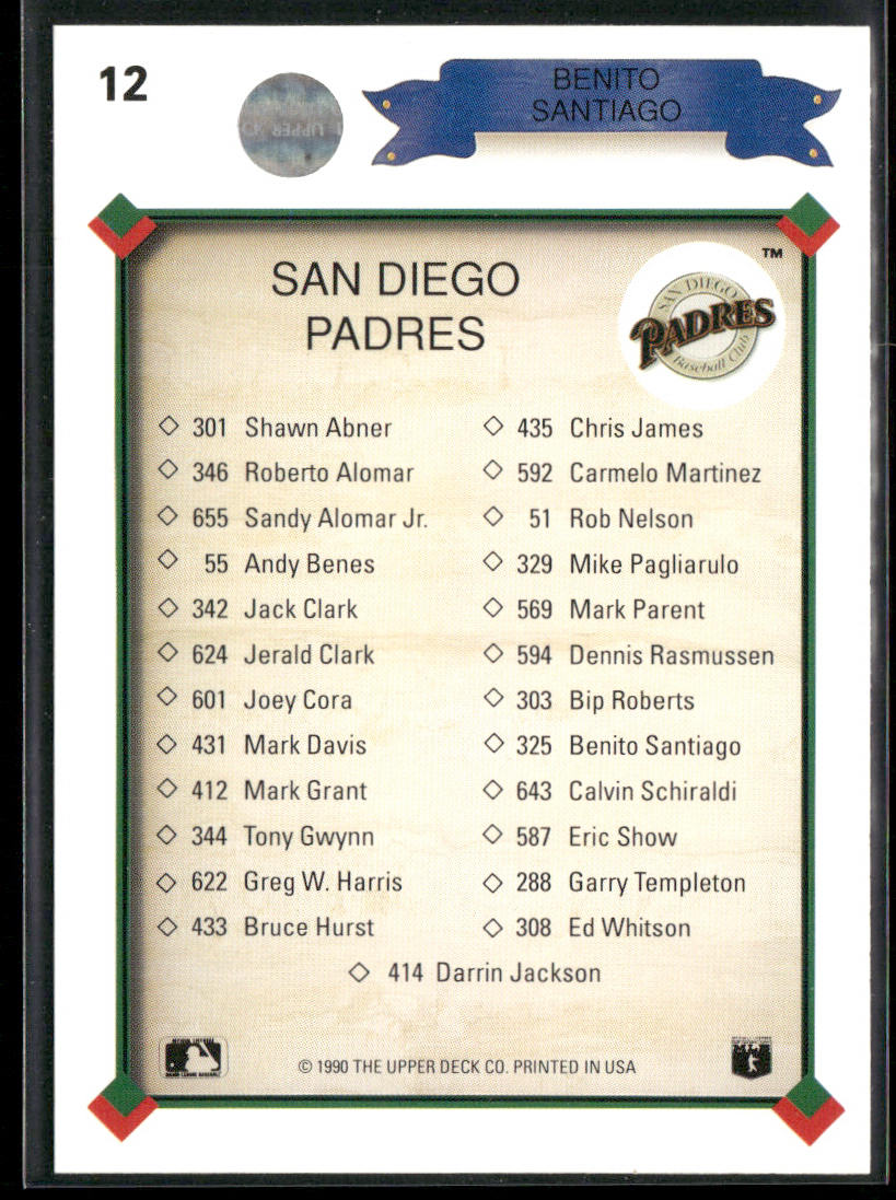 Benito Santiago 1990 Upper Deck #12 San Diego Padres