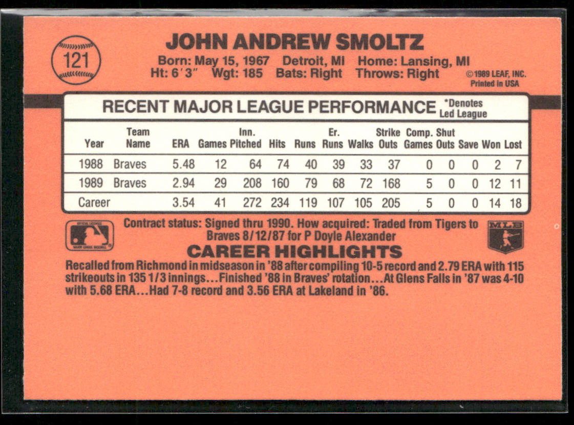 John Smoltz 1990 Donruss #121b Atlanta Braves