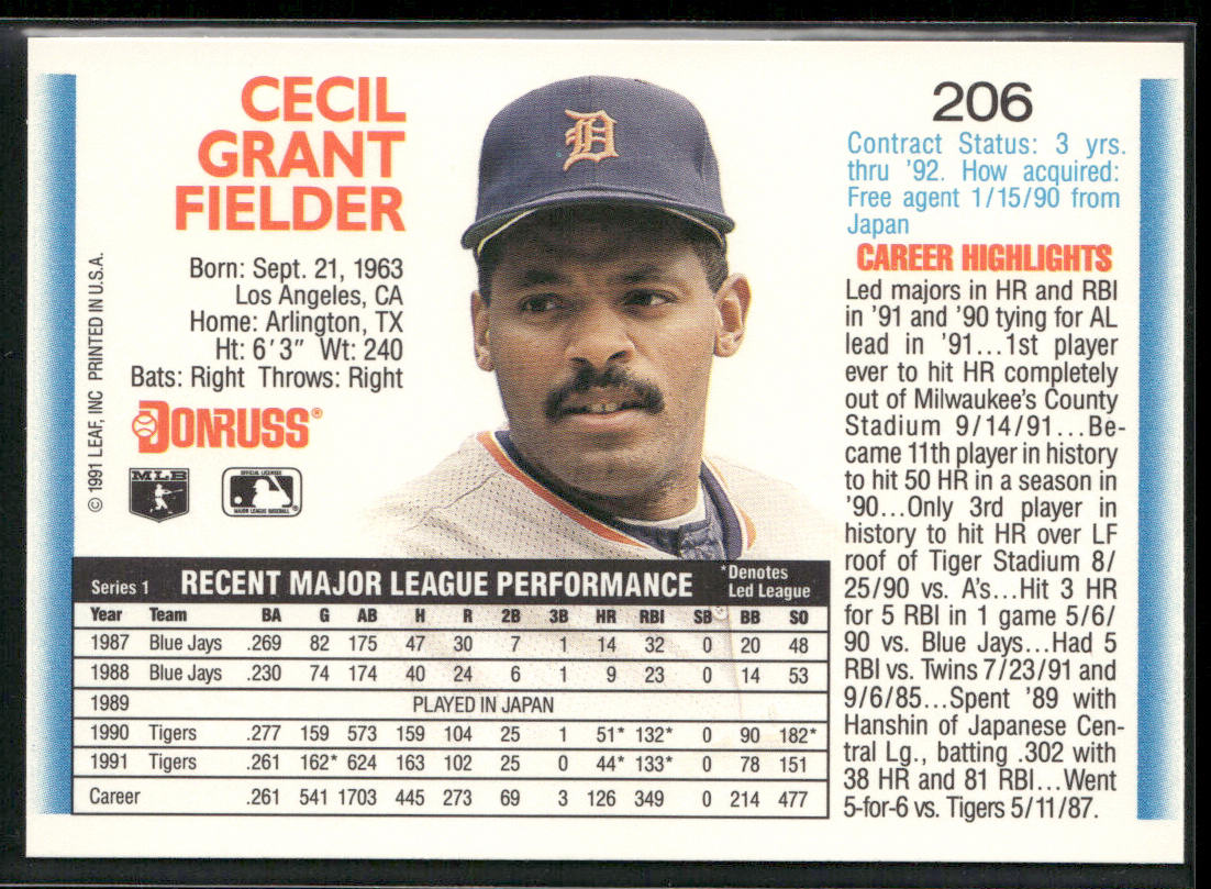 Cecil Fielder 1992 Donruss #206 Detroit Tigers