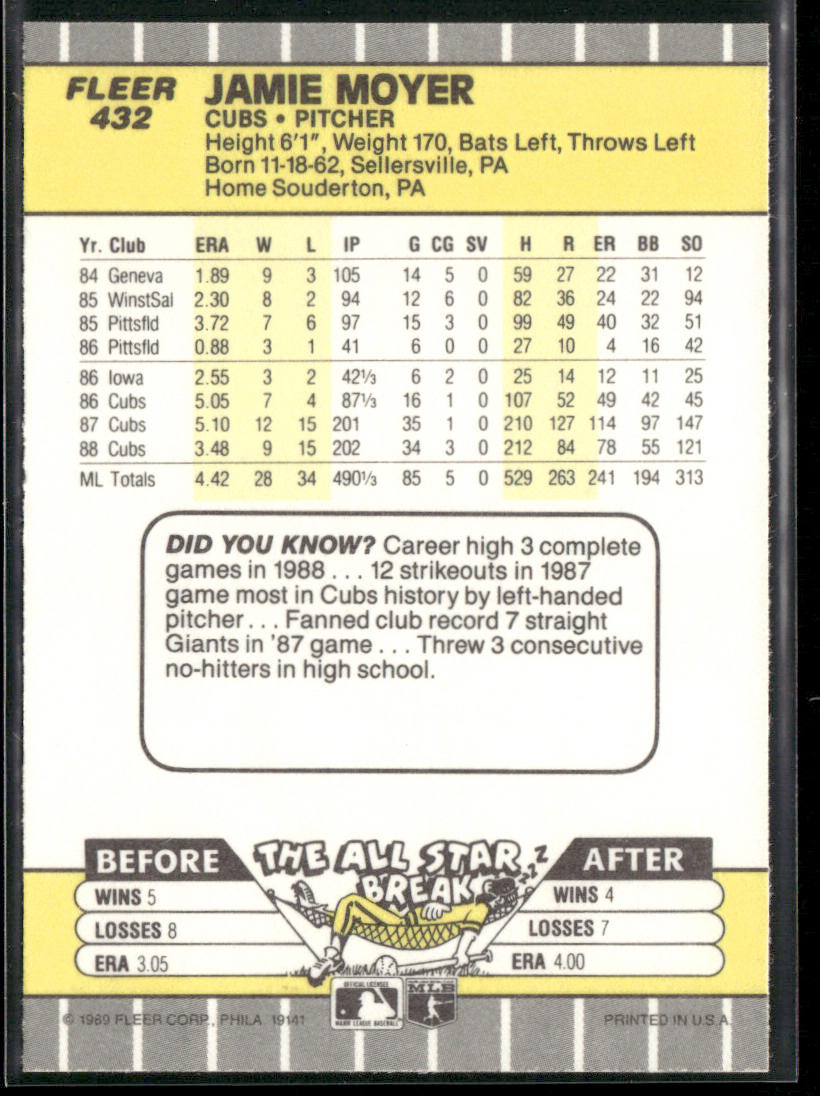 Jamie Moyer 1989 Fleer #432 Chicago Cubs