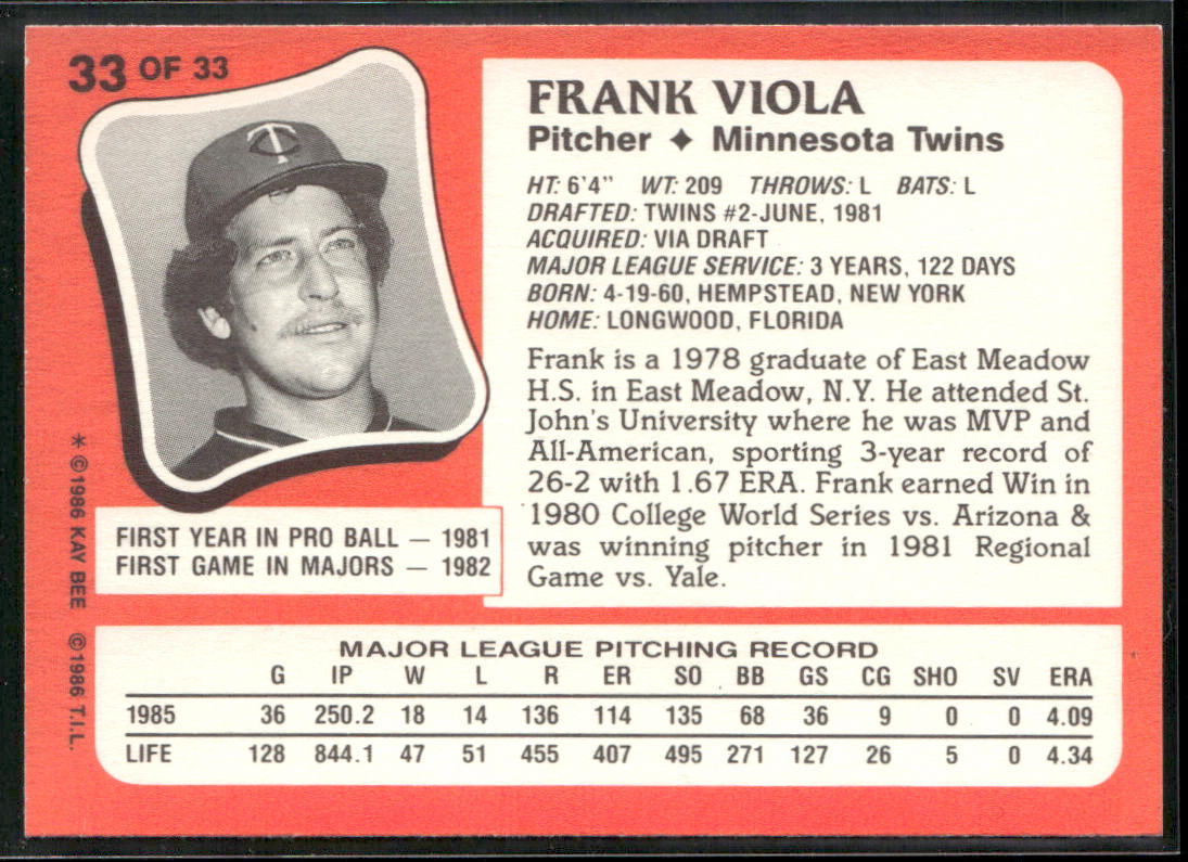 Frank Viola 1986 Topps Kay-Bee Young Superstars of Baseball #33 Minnesota Twins