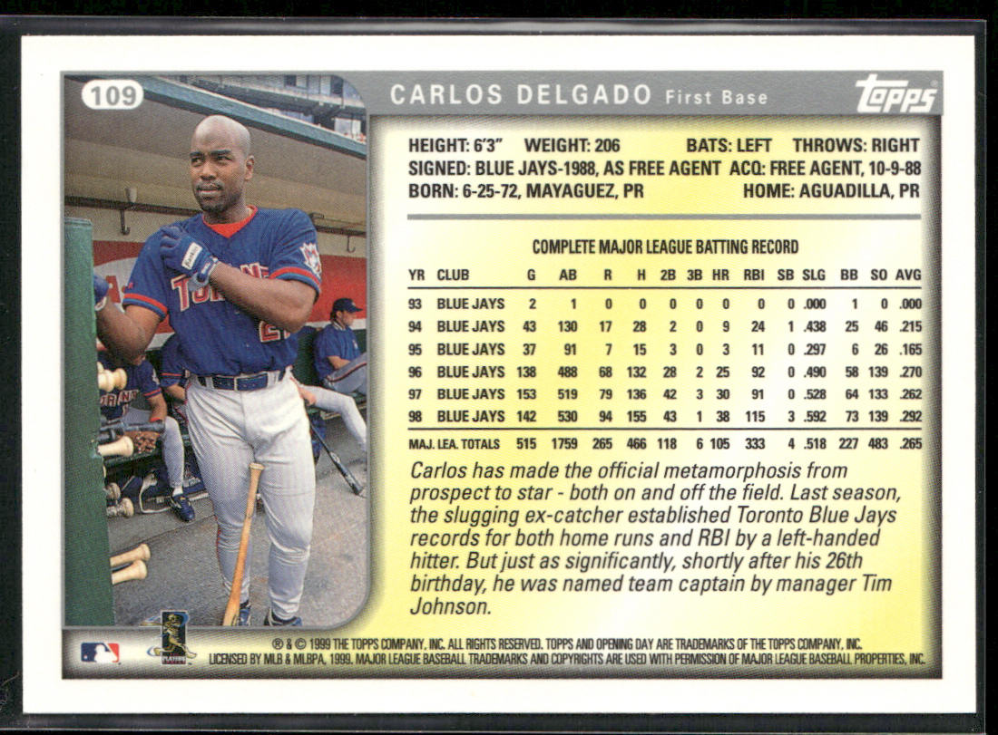 Carlos Delgado 1999 Topps Opening Day #109 Toronto Blue Jays