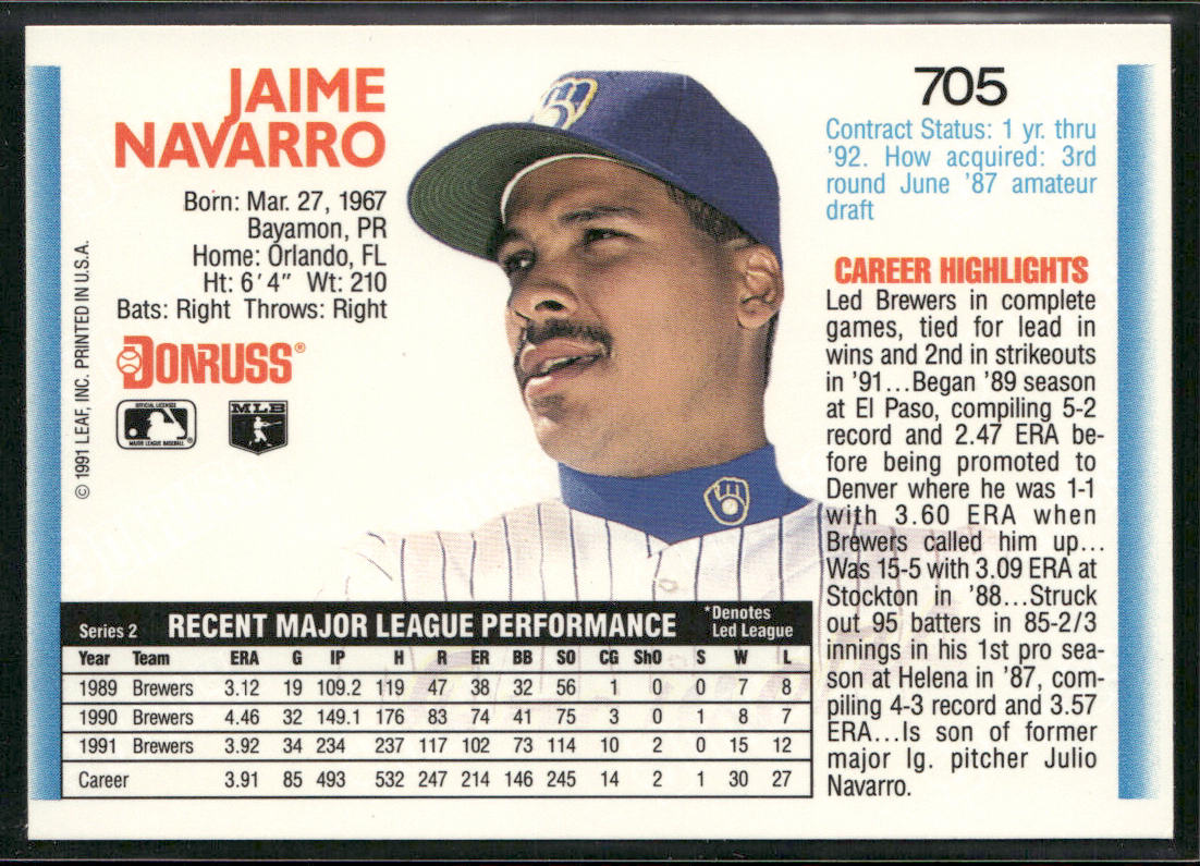 Jaime Navarro 1992 Donruss #705 Milwaukee Brewers