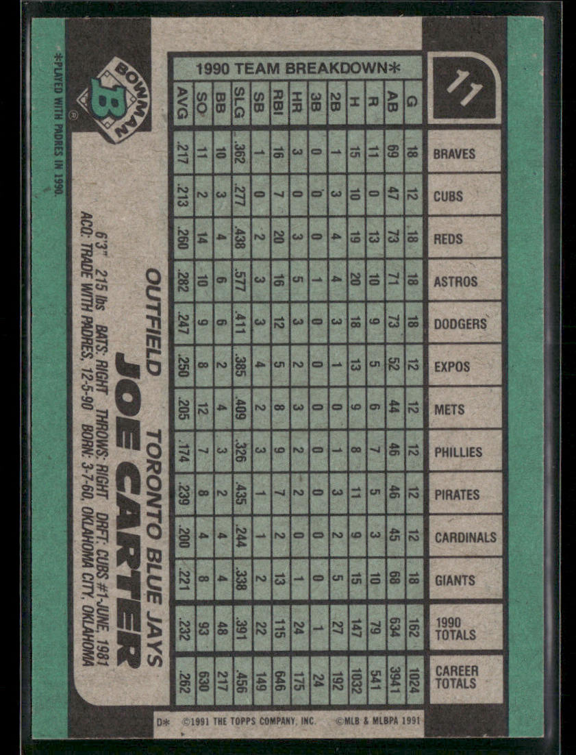 Joe Carter 1991 Bowman #11 Toronto Blue Jays