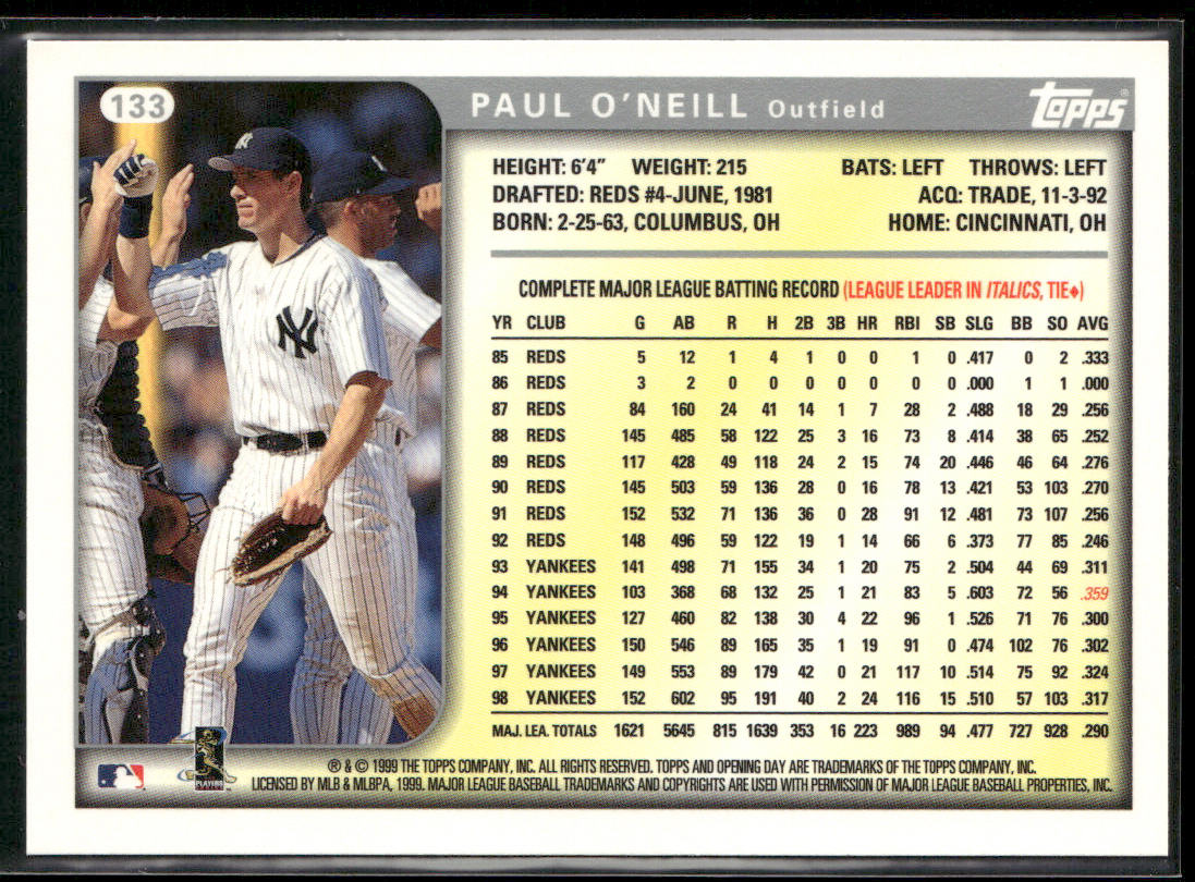 Paul O'Neill 1999 Topps Opening Day #133 New York Yankees