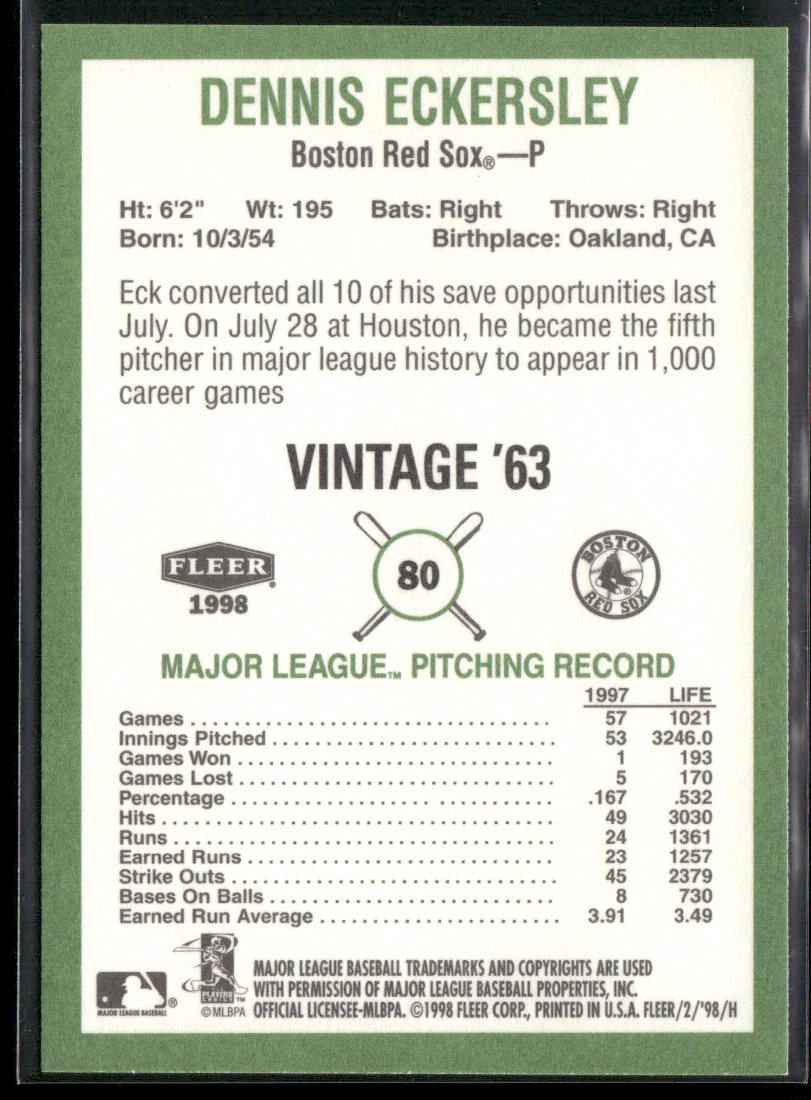 Dennis Eckersley 1998 Fleer Tradition Vintage #80 Boston Red Sox