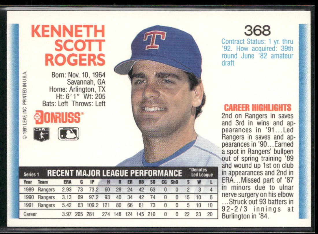Kenny Rogers 1992 Donruss #368b Texas Rangers
