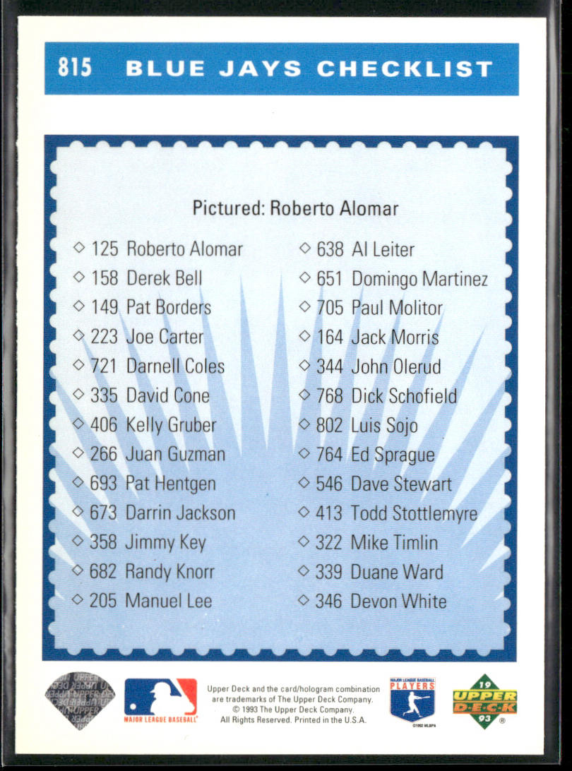 Roberto Alomar 1993 Upper Deck #815 Toronto Blue Jays