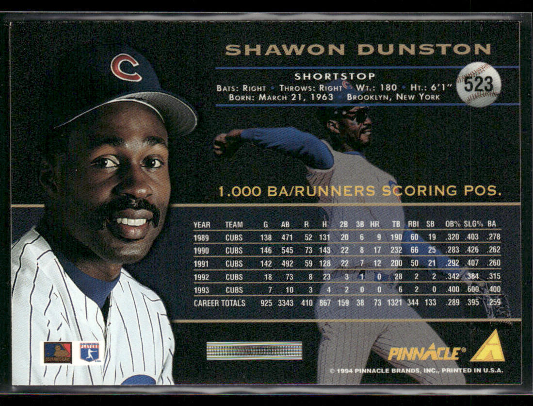 Shawon Dunston 1994 Pinnacle #523 Chicago Cubs
