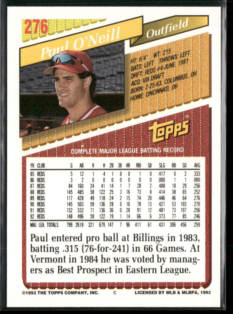 Paul O'Neill 1993 Topps Gold #276 Cincinnati Reds