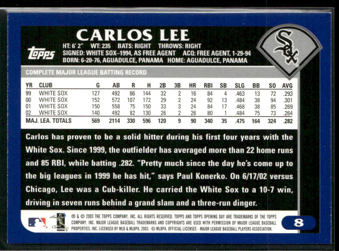Carlos Lee 2003 Topps Opening Day #8 Chicago White Sox