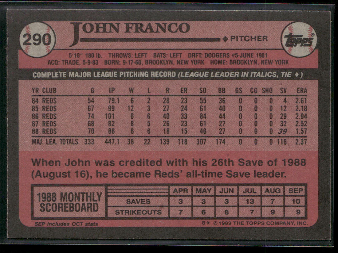 John Franco 1989 Topps #290 Cincinnati Reds