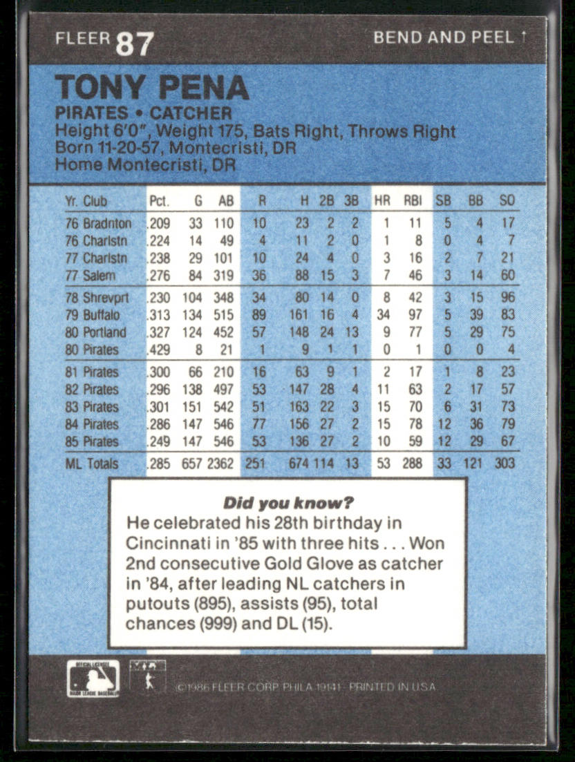 Tony Pena 1986 Fleer Star Stickers #87 Pittsburgh Pirates