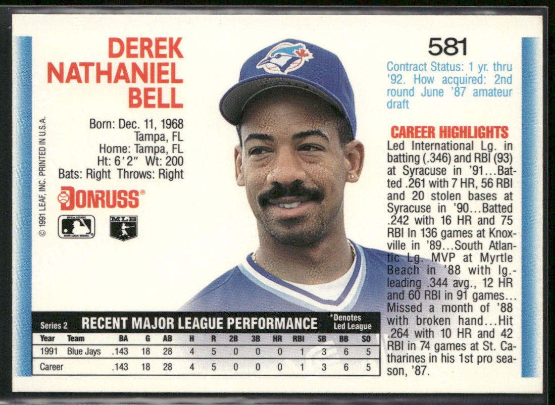 Derek Bell 1992 Donruss #581 Toronto Blue Jays