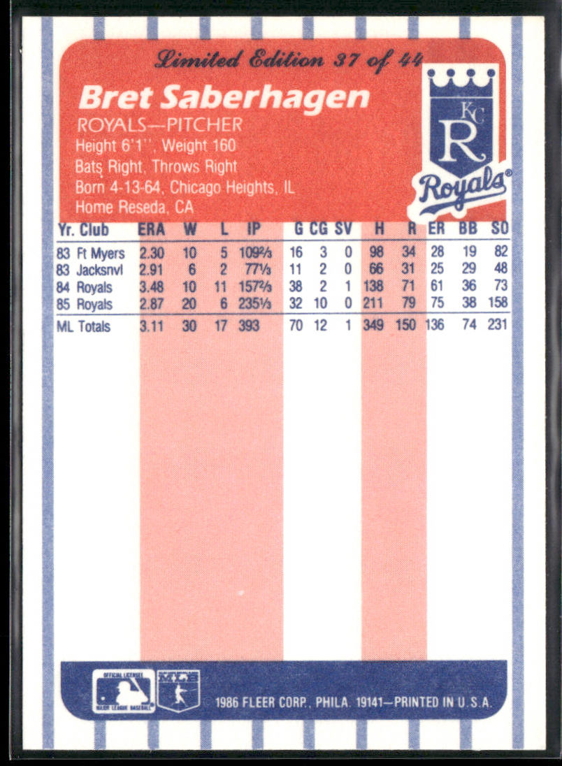 Bret Saberhagen 1986 Fleer League Leaders #37 Kansas City Royals