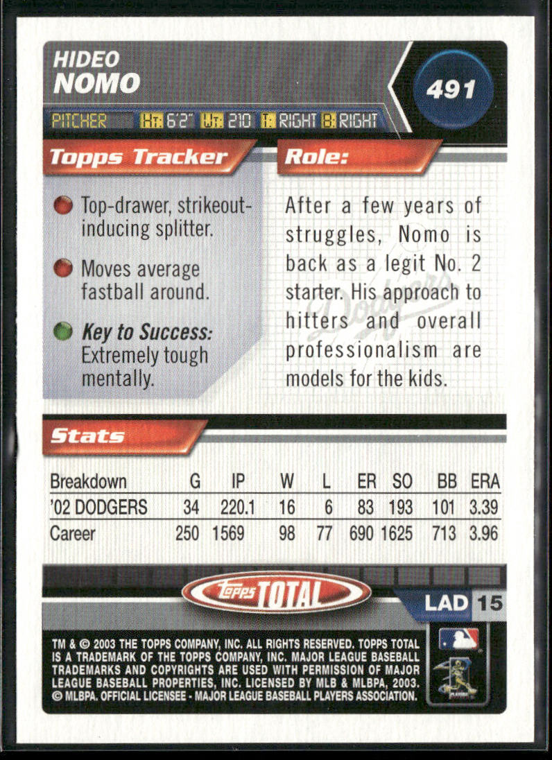 Hideo Nomo 2003 Topps Total #491 Los Angeles Dodgers