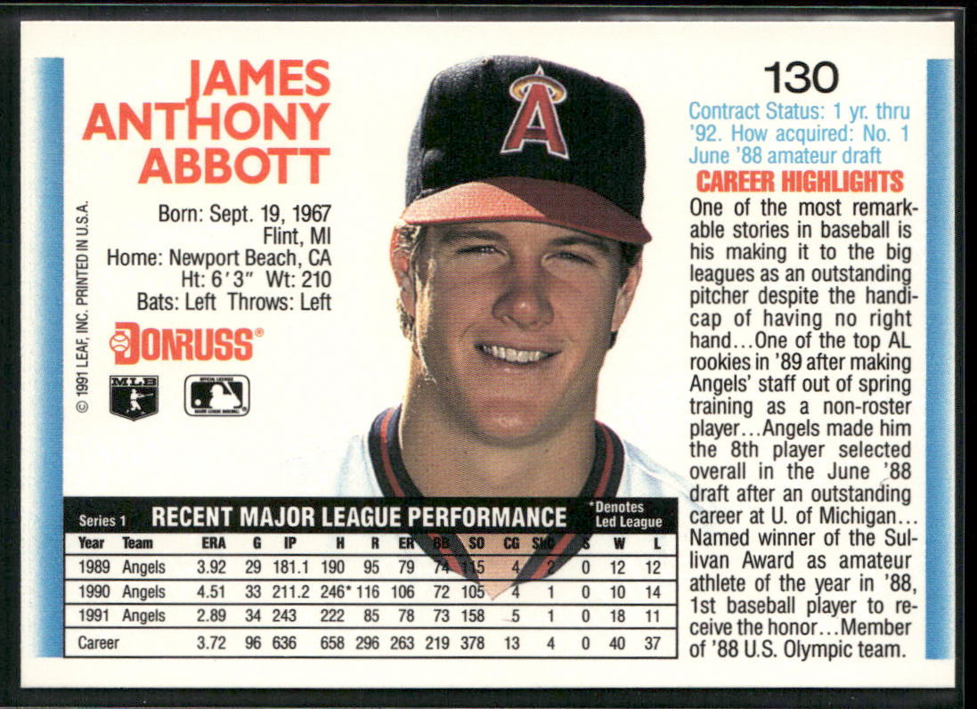 Jim Abbott 1992 Donruss #130b California Angels