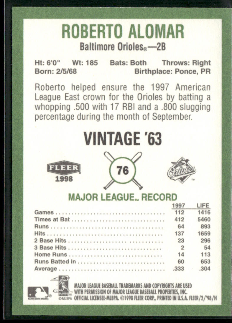 Roberto Alomar 1998 Fleer Tradition Vintage #76 Baltimore Orioles