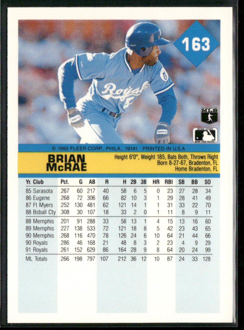 Brian McRae 1992 Fleer #163 Kansas City Royals