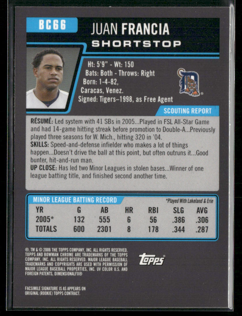 Juan Francia 2006 Bowman Chrome Prospects #BC66 Detroit Tigers