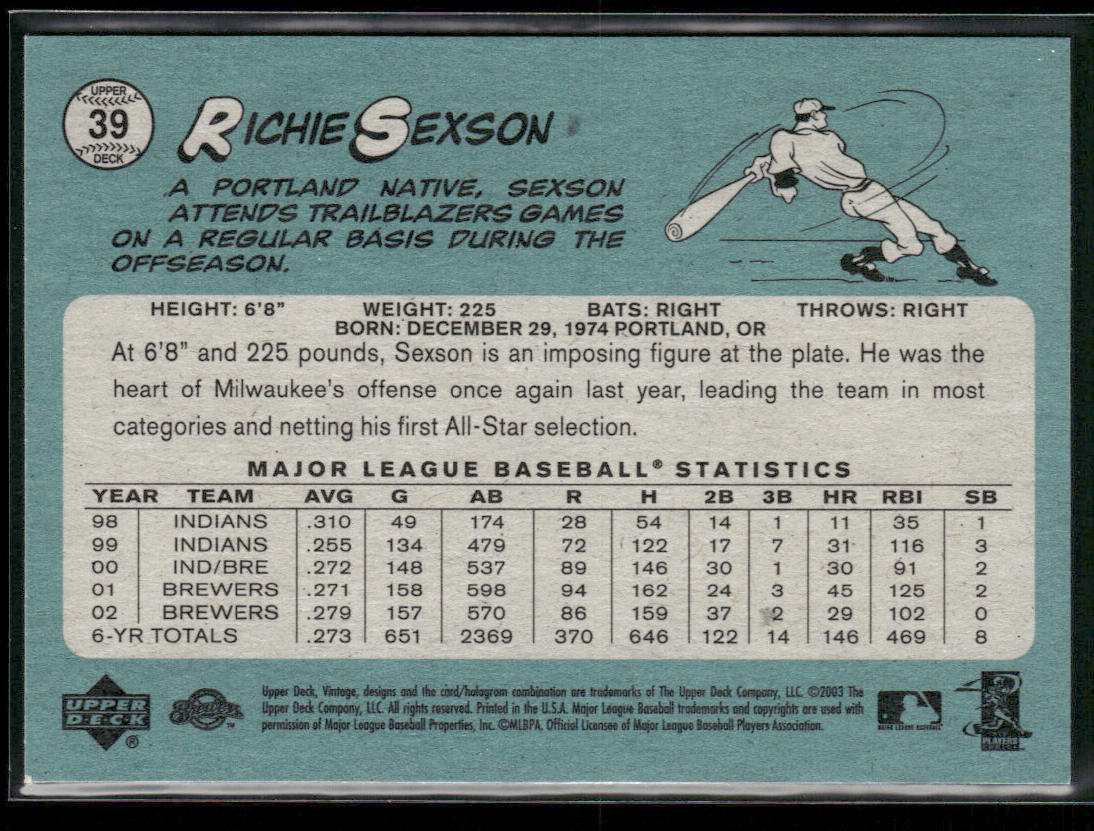 Richie Sexson 2003 Upper Deck Vintage #39 Milwaukee Brewers
