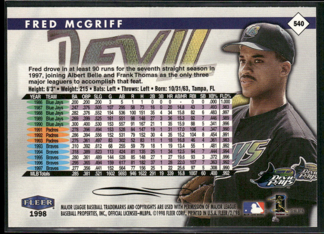 Fred McGriff 1998 Fleer Tradition #540 Tampa Bay Devil Rays
