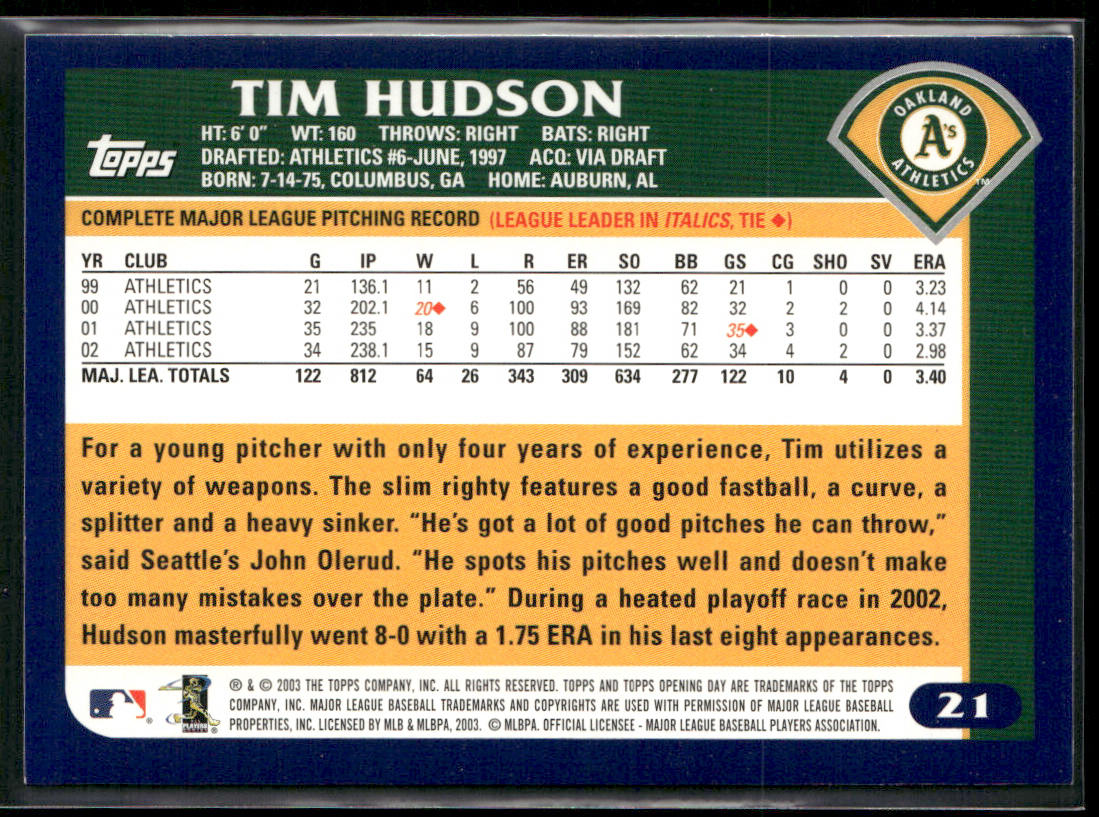Tim Hudson 2003 Topps Opening Day #21 Oakland Athletics