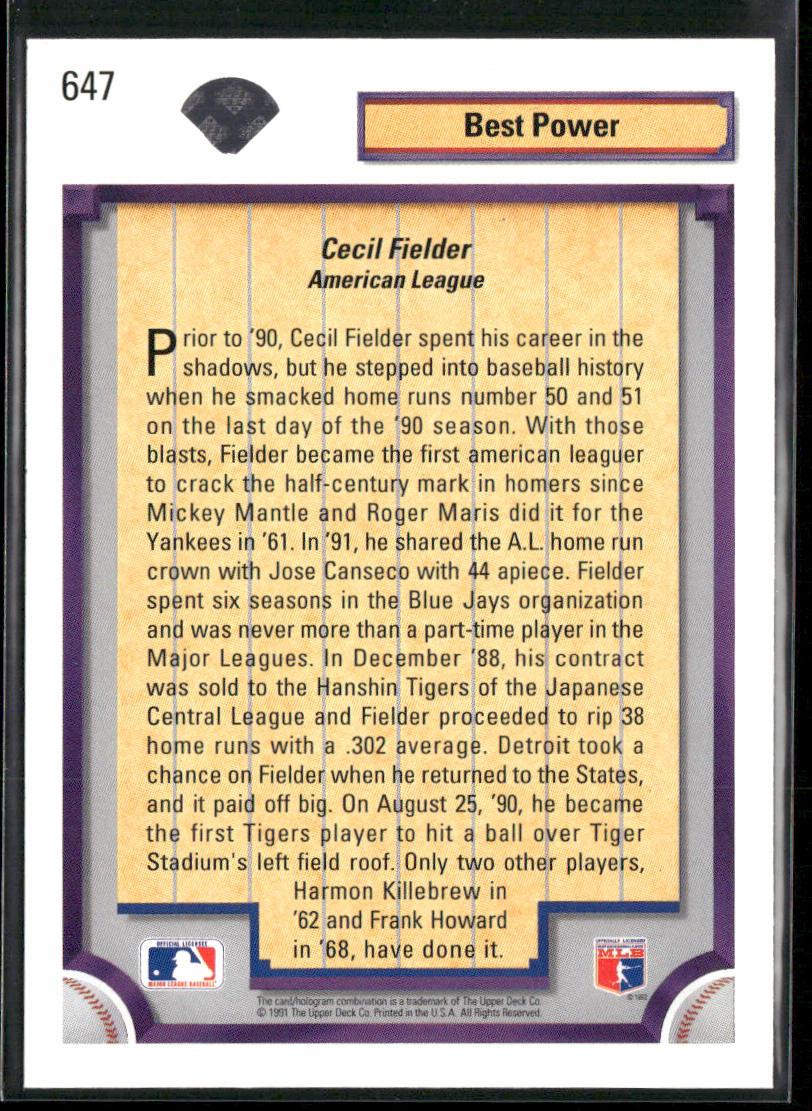 Cecil Fielder 1992 Upper Deck #647 Detroit Tigers