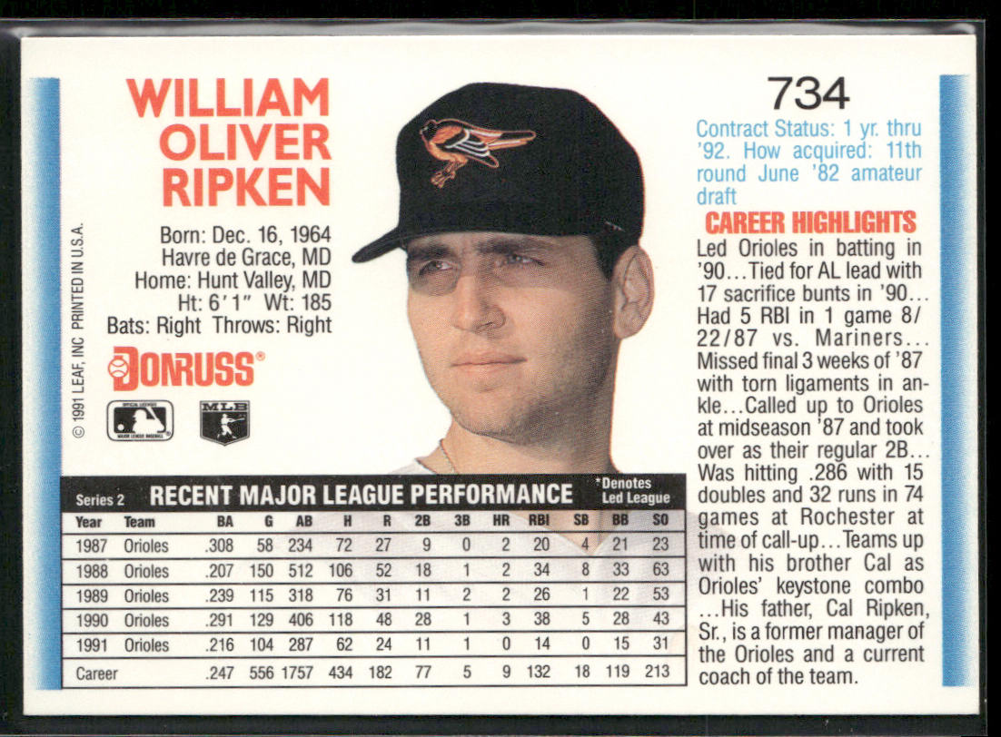 Billy Ripken 1992 Donruss #734b Baltimore Orioles