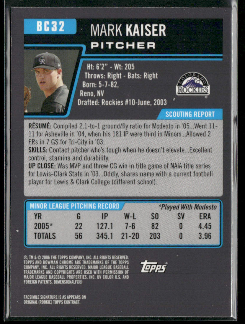 Marc Kaiser 2006 Bowman Chrome Prospects #BC32 Colorado Rockies