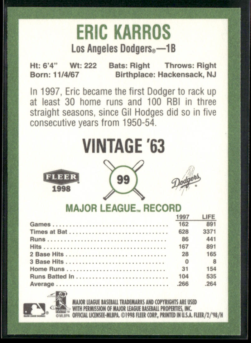 Eric Karros 1998 Fleer Tradition Vintage #99 Los Angeles Dodgers