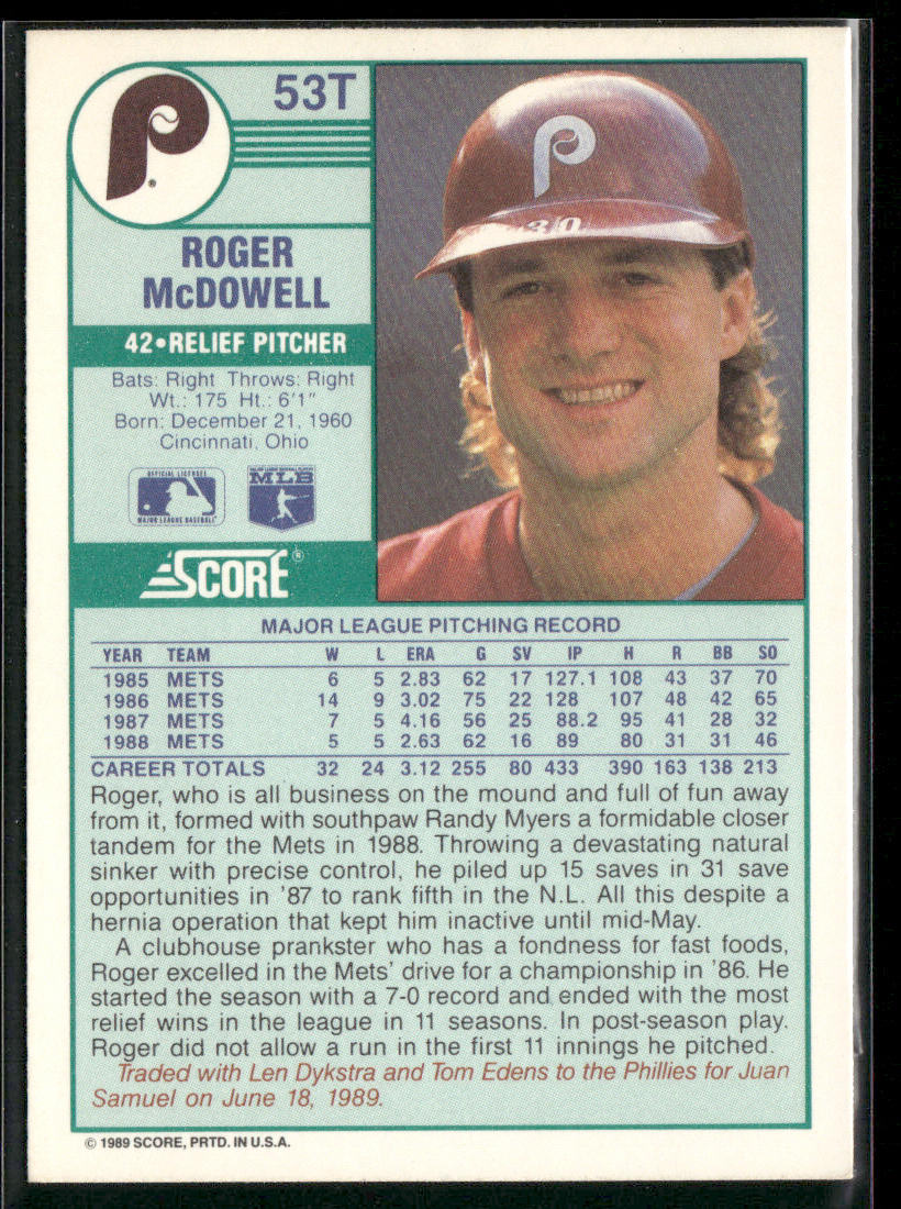 Roger McDowell 1989 Score Rookie & Traded #53T Philadelphia Phillies