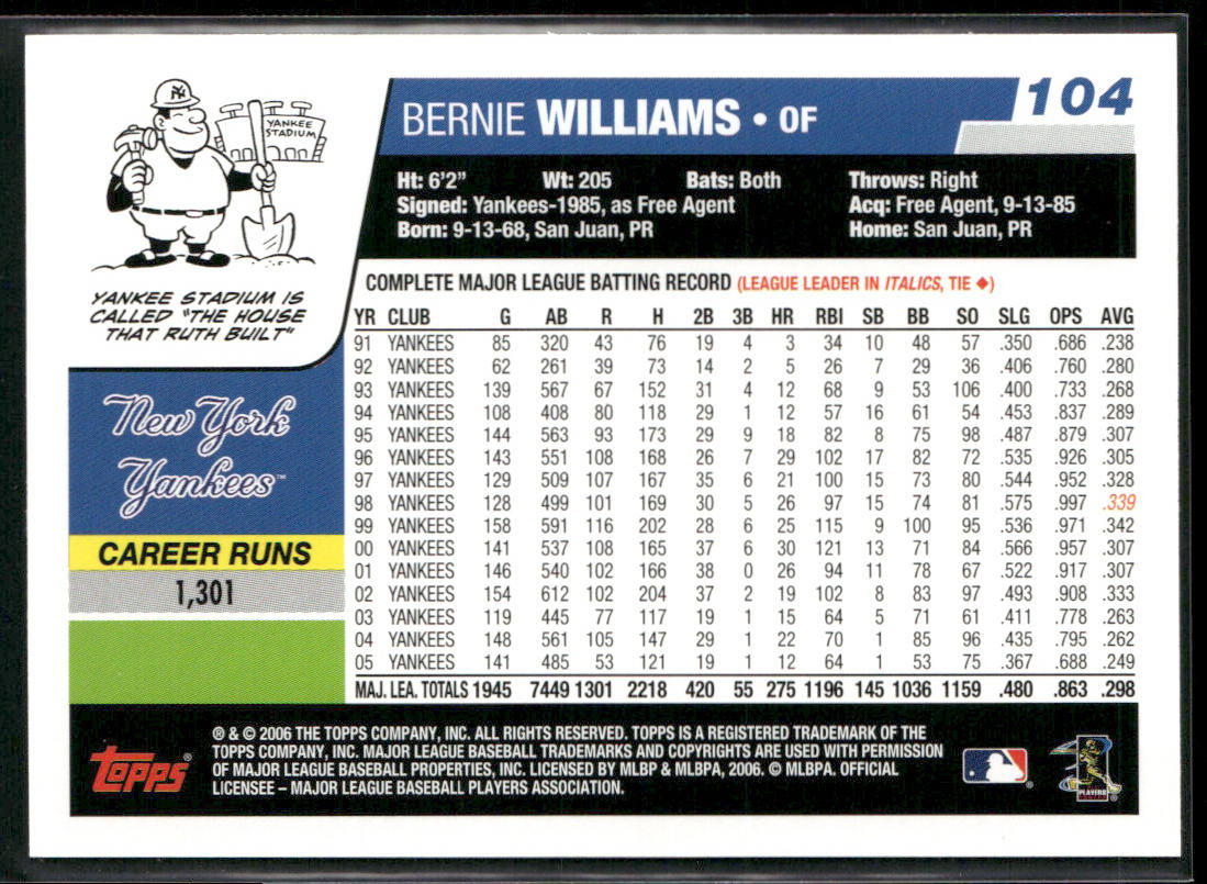 Bernie Williams 2006 Topps #104 New York Yankees
