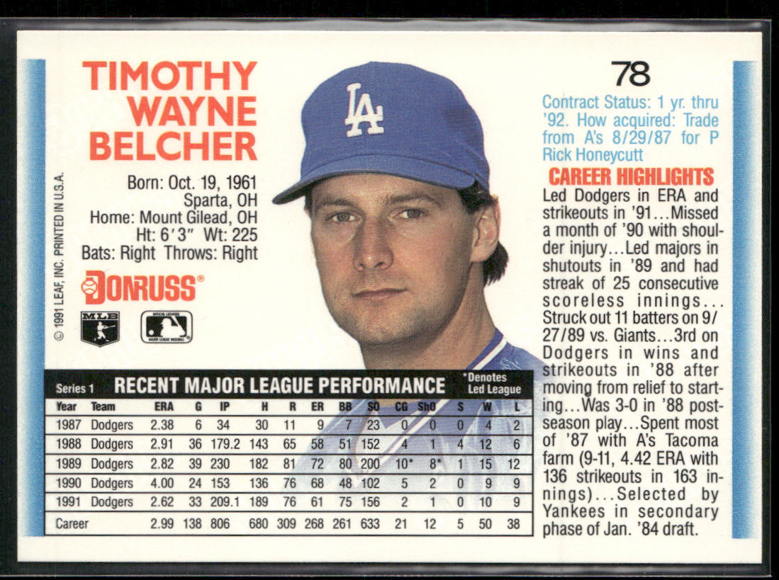 Tim Belcher 1992 Donruss #78 Los Angeles Dodgers