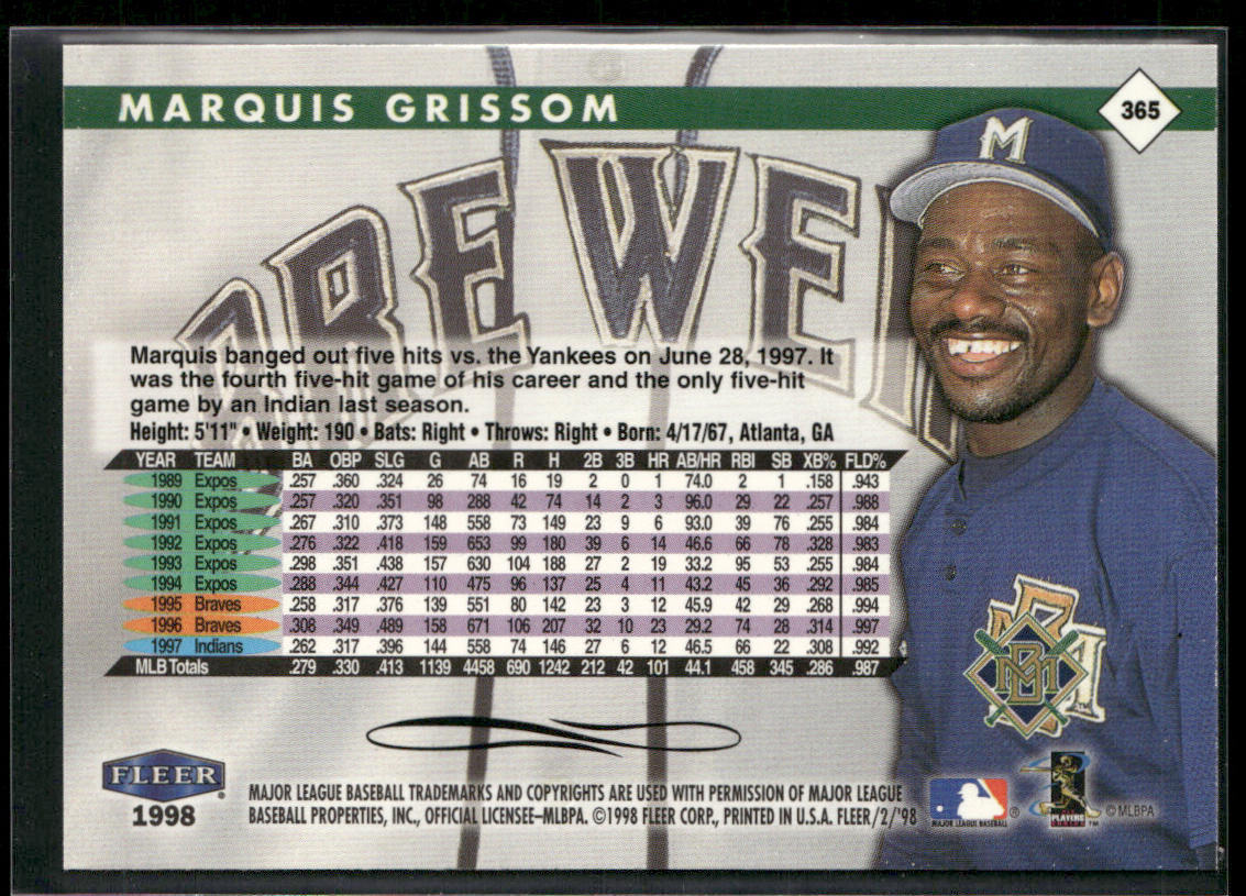 Marquis Grissom 1998 Fleer Tradition #365 Milwaukee Brewers