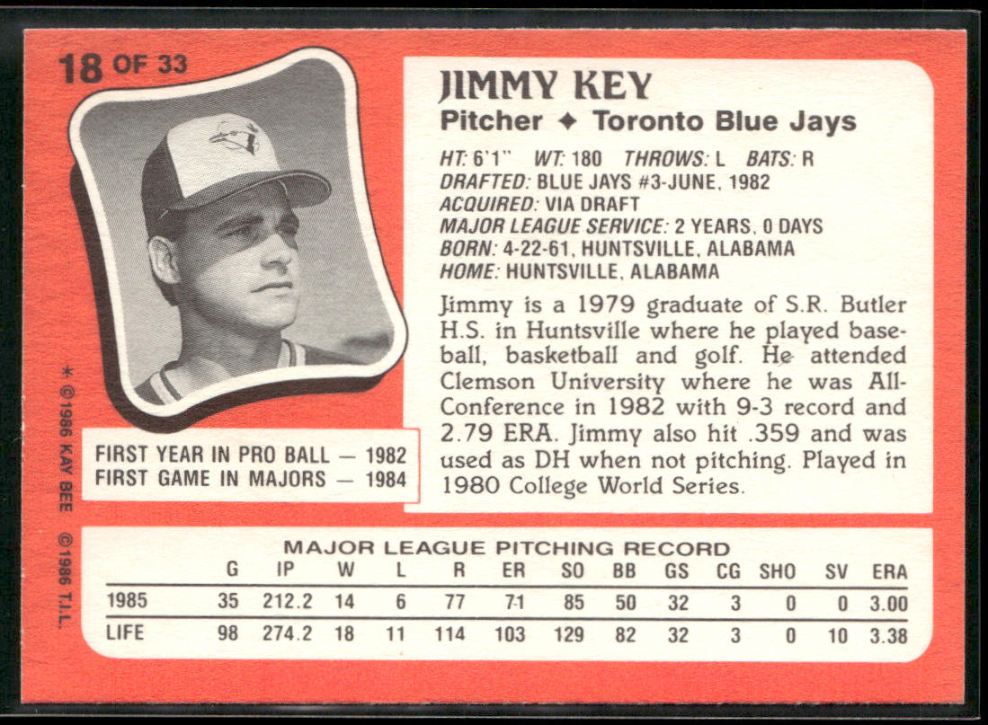 Jimmy Key 1986 Topps Kay-Bee Young Superstars of Baseball #18 Toronto Blue Jays