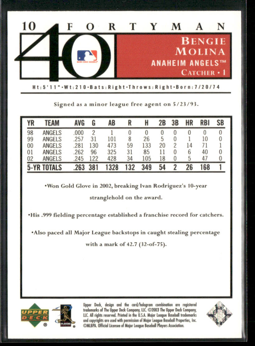 Bengie Molina 2003 Upper Deck 40-Man #10 Anaheim Angels
