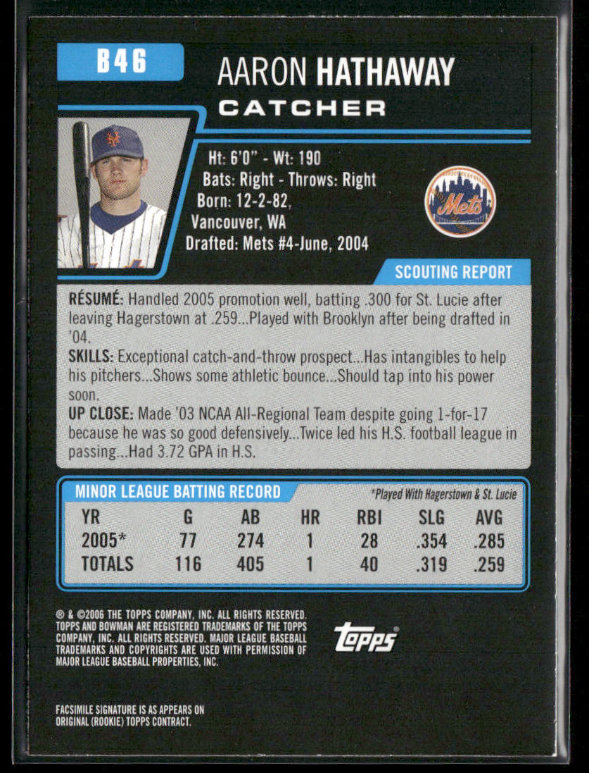 Aaron Hathaway 2006 Bowman Prospects #B46 New York Mets