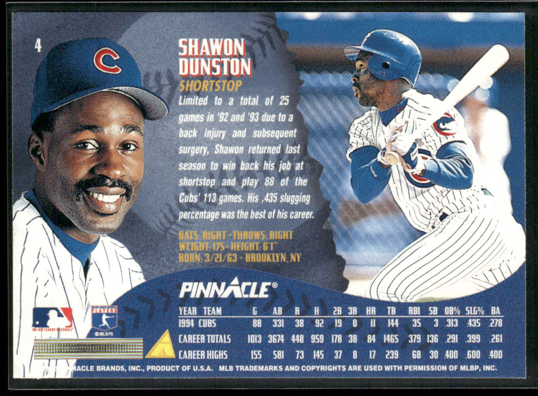 Shawon Dunston 1995 Pinnacle #4 Chicago Cubs