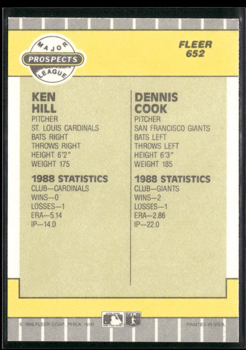 Ken Hill / Dennis Cook 1989 Fleer #652 RC