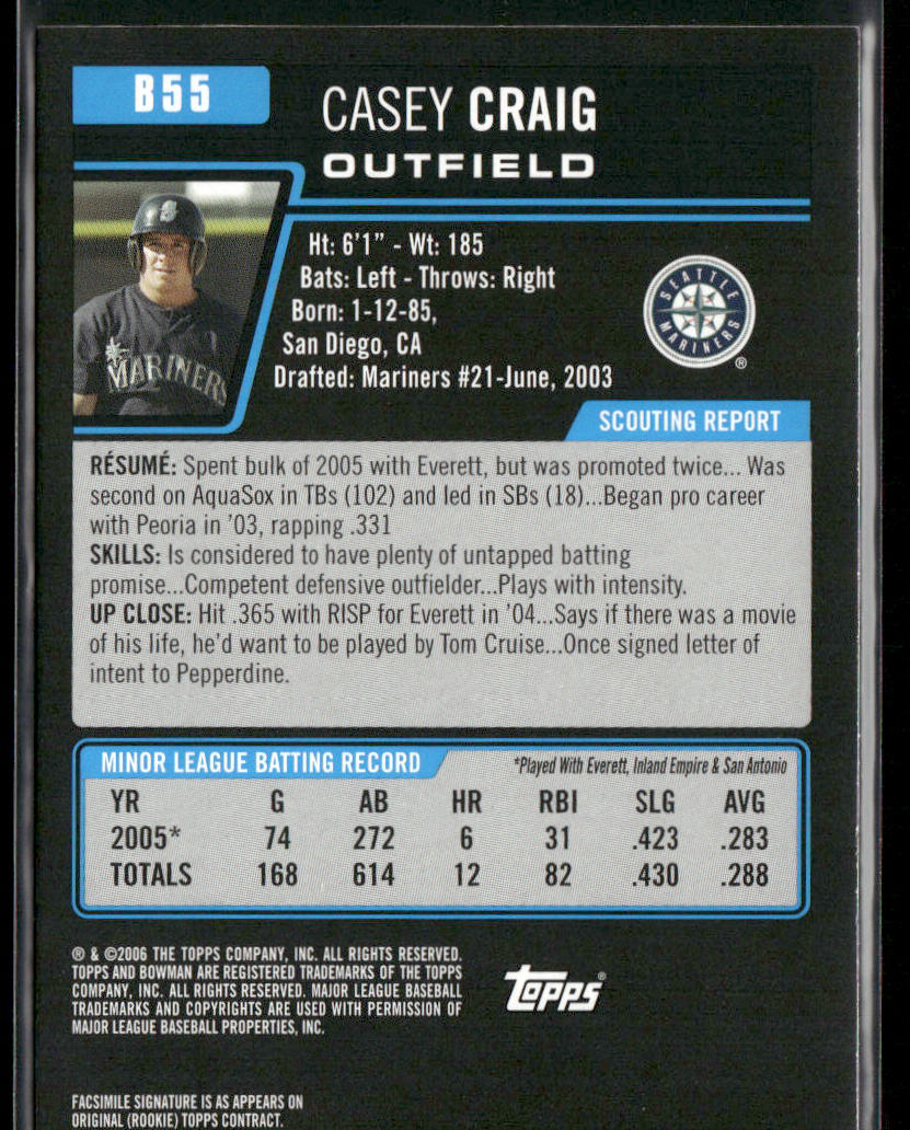 Casey Craig 2006 Bowman Prospects #B55 Seattle Mariners