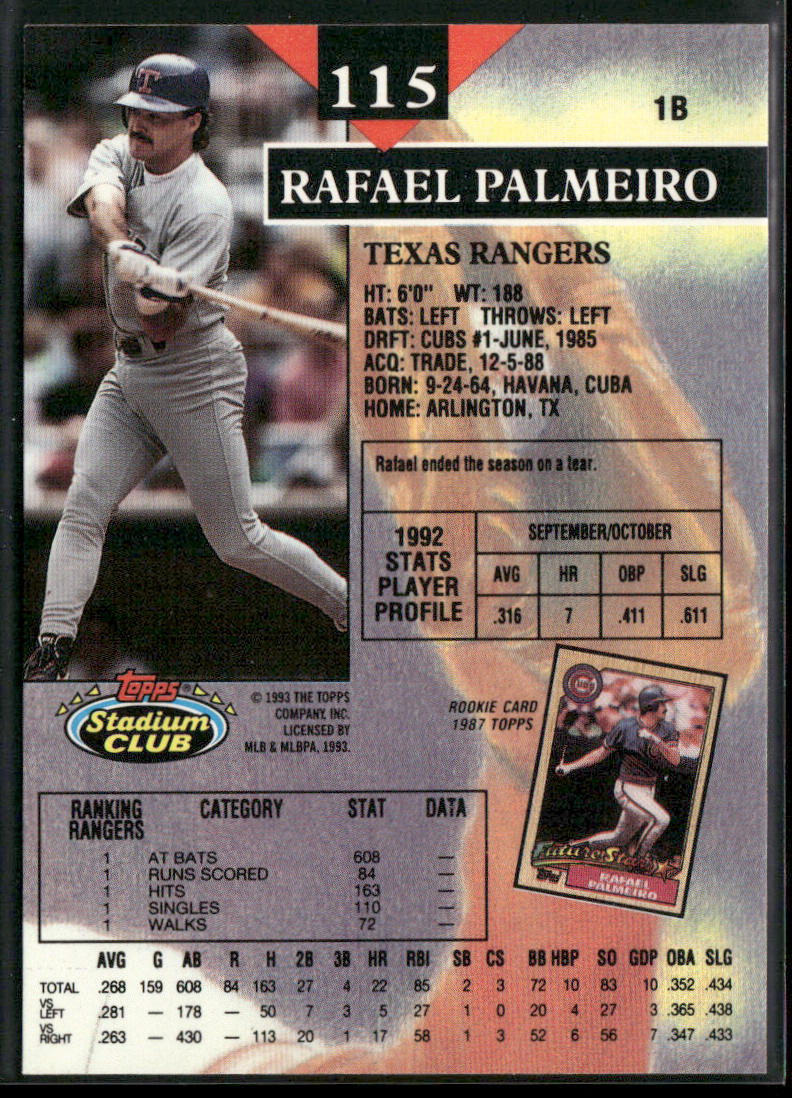 Rafael Palmeiro 1993 Stadium Club #115 Texas Rangers