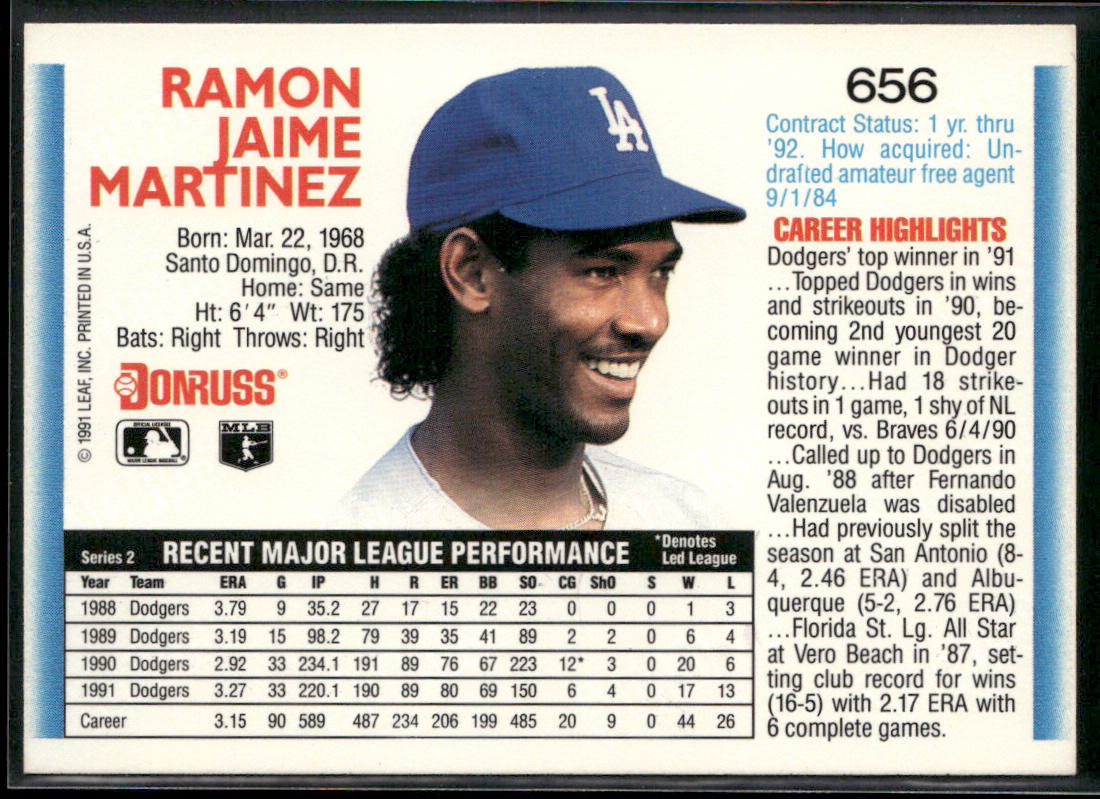 Ramon Martinez 1992 Donruss #656b Los Angeles Dodgers