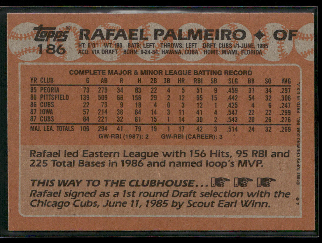 Rafael Palmeiro 1988 Topps #186 Chicago Cubs