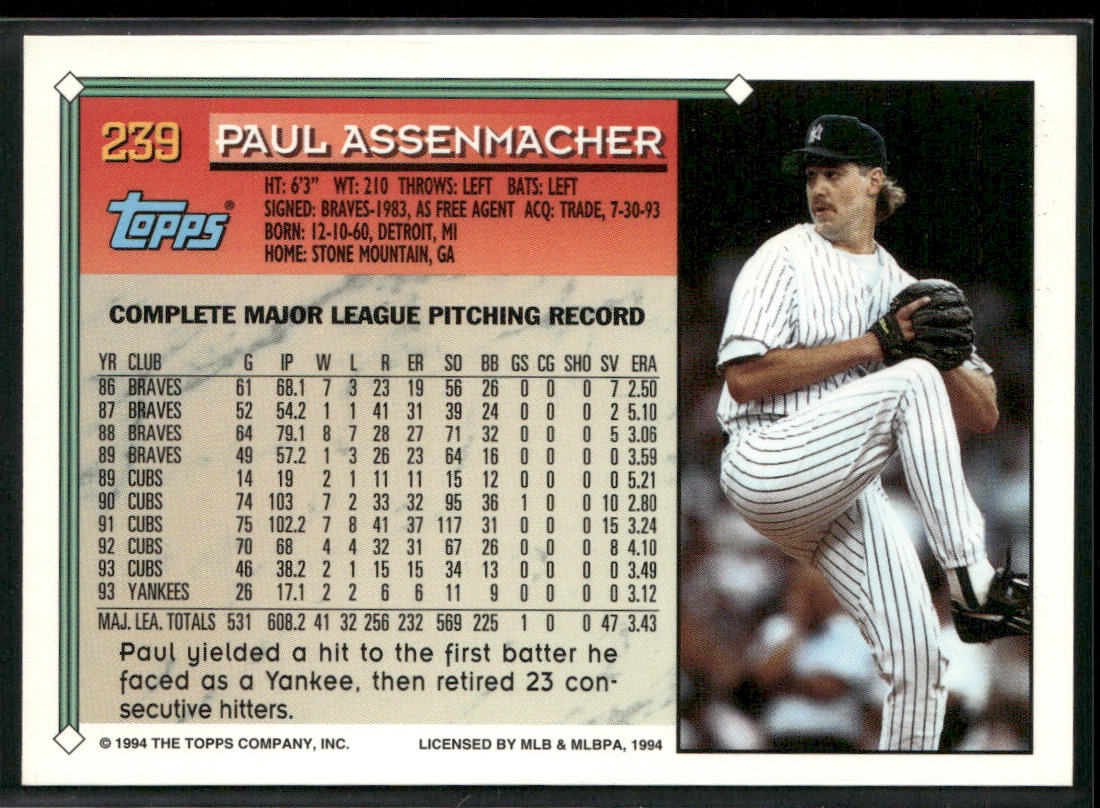 Paul Assenmacher 1994 Topps #239b New York Yankees