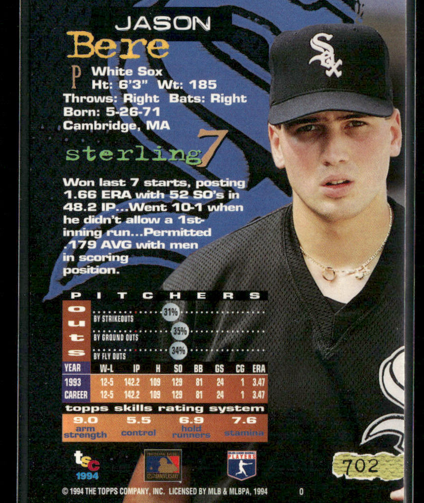Jason Bere 1994 Stadium Club #702 Chicago White Sox