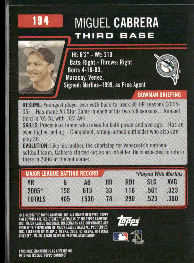 Miguel Cabrera 2006 Bowman #194 Florida Marlins